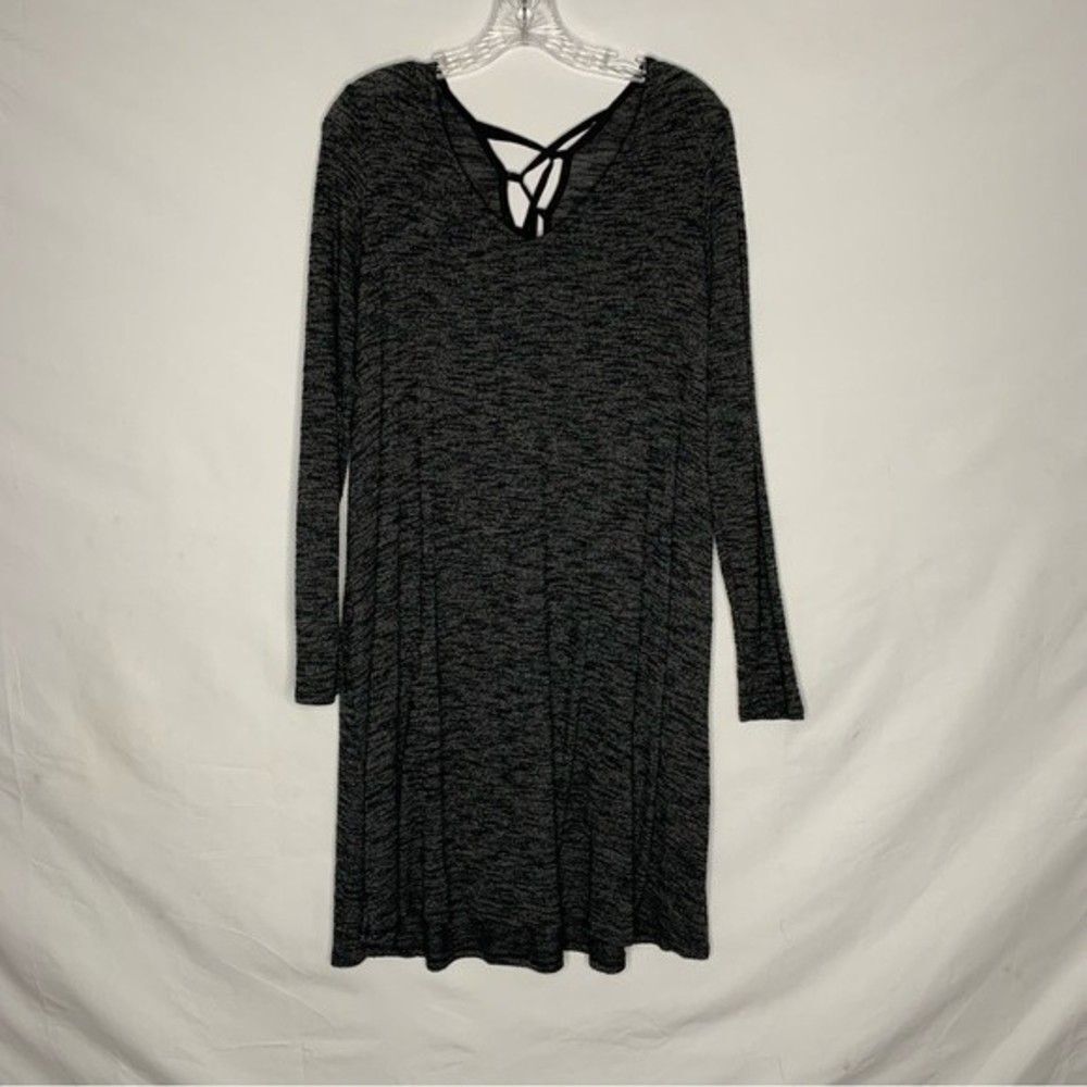 Just Be Dress Women's 1X Heathered Black Speckled Long Sleeve Lace Up Tie Hacci - Picture 2 of 9